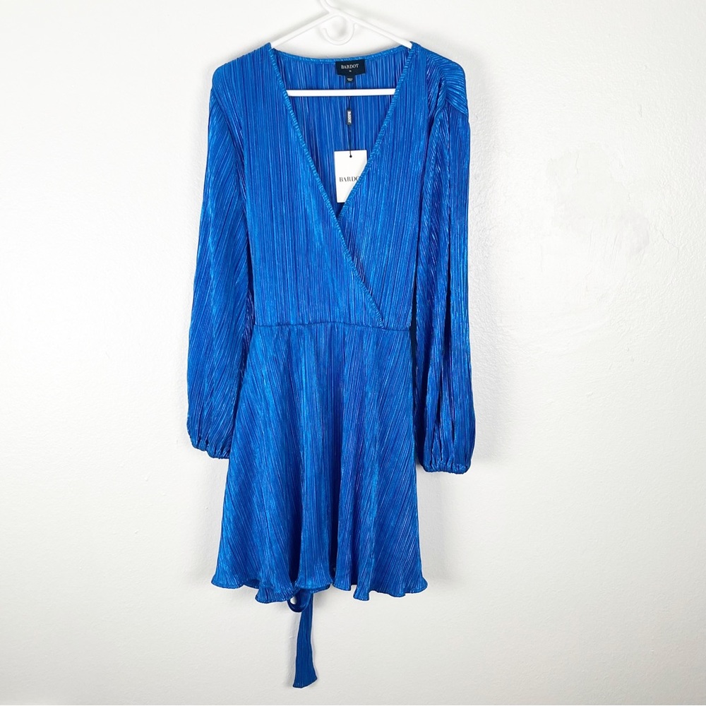 BARDOT Bellissa Blue Electric Deep V-Neck Long Sleeve Belted Waist Pleated Dress